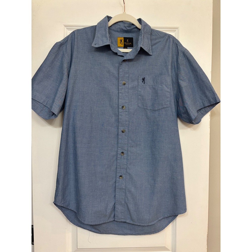 Browning Mens Blue Short Sleeve Button Down Cotton Shirt Size M Buckmark Logo